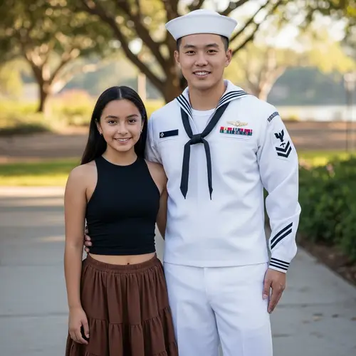 Asian Man in Traditional Seaman's Uniform with Hispanic Girl in Casual Attire