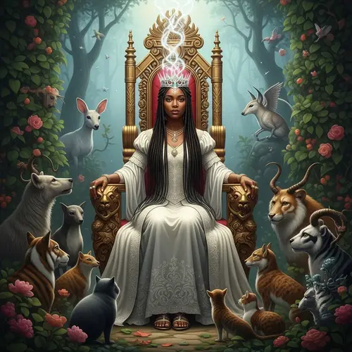 Radiant Black Woman on Throne in Mythical Garden | Ethereal Beauty