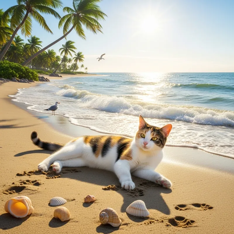 Calico Cat Playing at the Beach