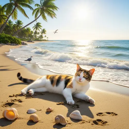 Serene Beach Scene with Calico Cat Playing in the Sand