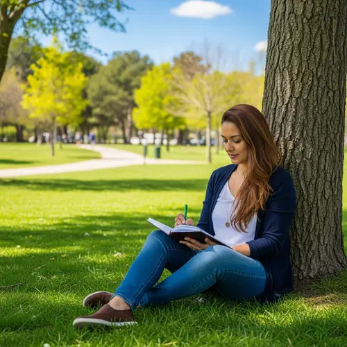 Serene Park Scene with Woman Writing in Journal