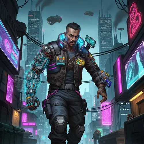 Cyberpunk Scene: South Asian Man in Neon-lit City
