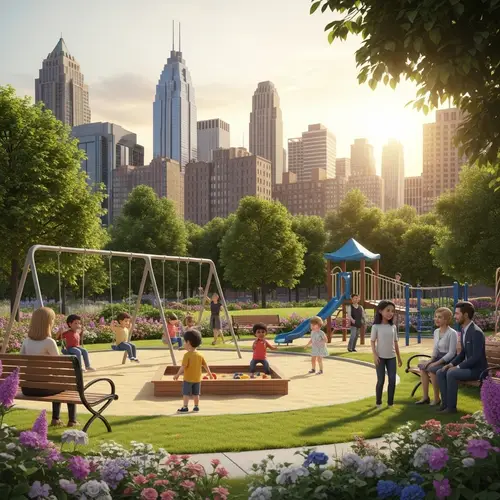 Urban Park Scene with Diverse Activities and Skyline View