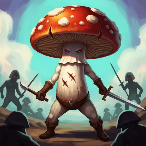 Heroic Mushroom Battling Against Evil in Fantasy Painting