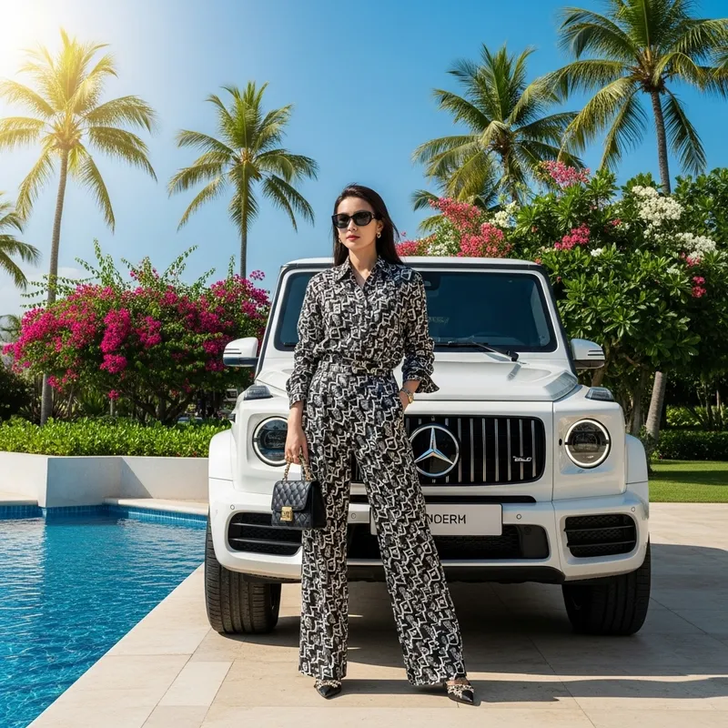Stylish Oriental Woman with Luxury G Wagon - Tropical Scene