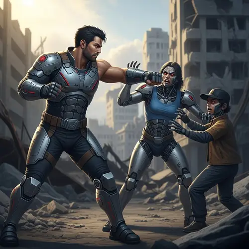 Futuristic Battle Scene: Man Vs. Robots in Desolate City