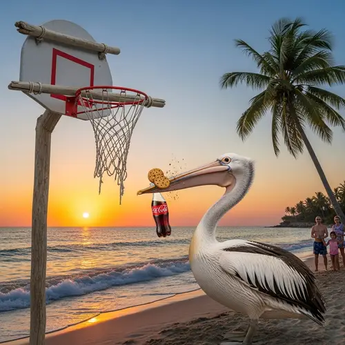 Pelican Playing Basketball on Beach with Cola and Cookies