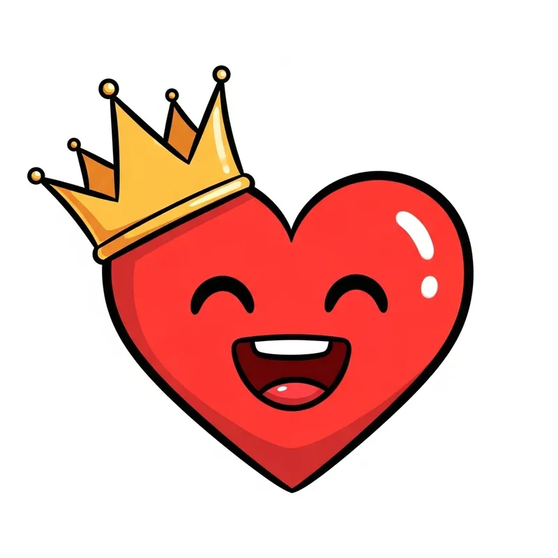 Joyful Red Heart with Golden Crown Cartoon Illustration