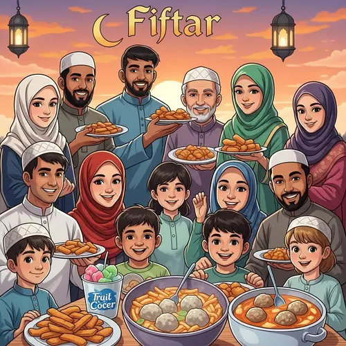 Lively Iftar Scene with Diverse Attendees and Delicious Foods