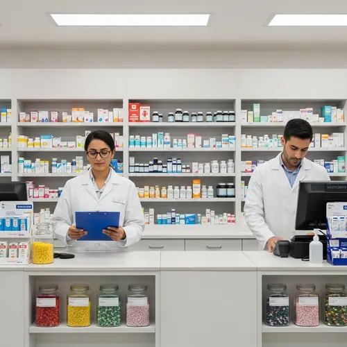 Modern Pharmacy with Diverse Pharmacists and Medications
