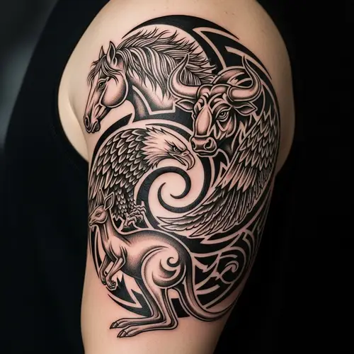 Spiral Tribal Tattoo with Horse, Bull, Eagle & Kangaroo