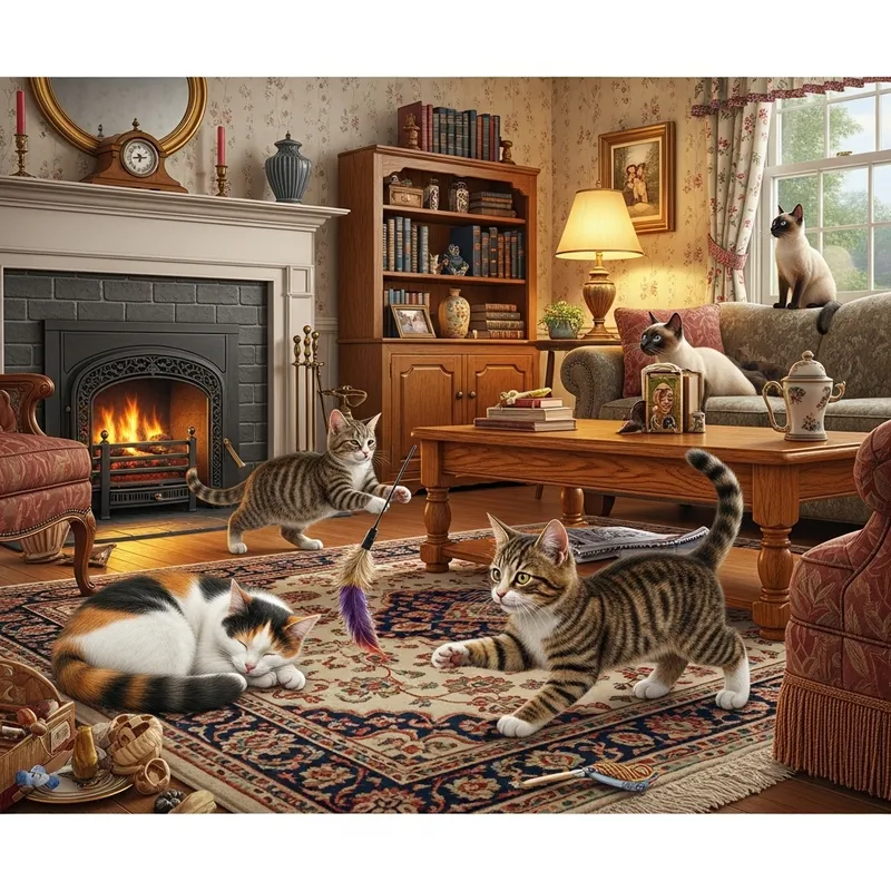 Cute Cat Playing in a Cozy Vintage Living Room
