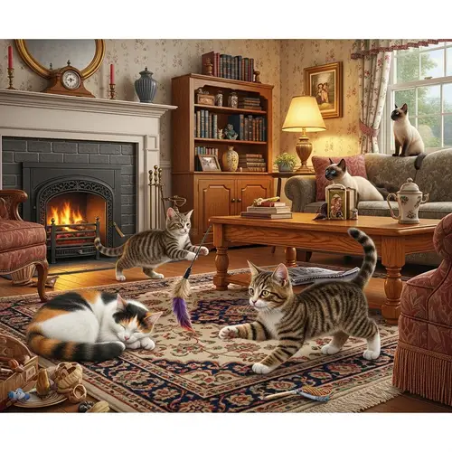 Cozy Living Room Scene with Playful Cats | Vintage Decor