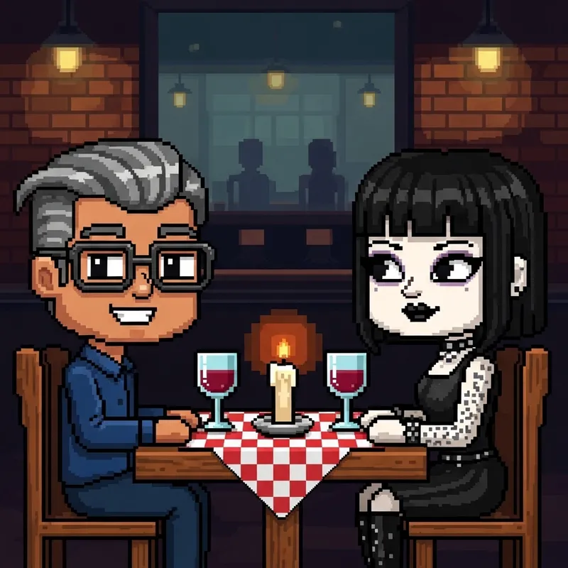 Pixel Art Date Scene: Guy Meets Goth Girl