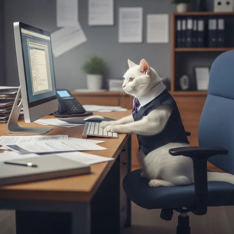 Professional White Cat Working on a Computer