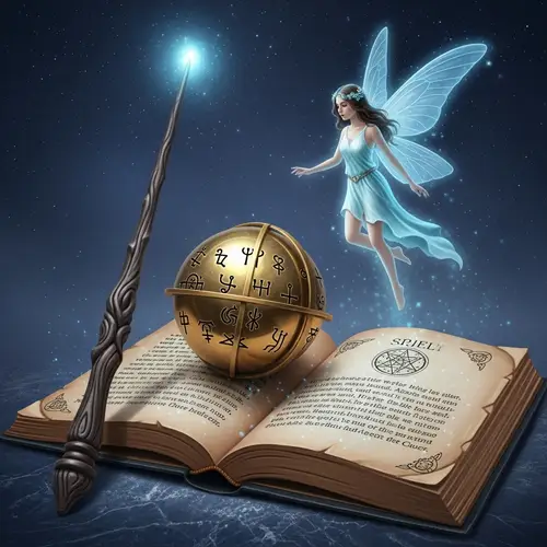Enchanting Magic Scene with Ancient Book, Orb, Wand, and Fairy