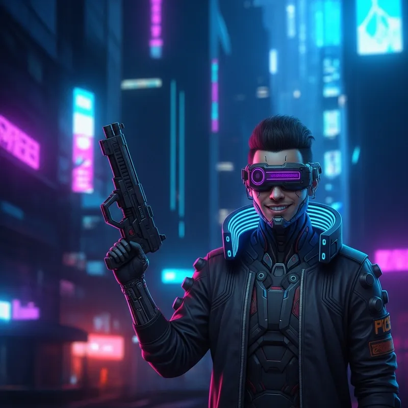 Neon-lit Cyberpunk Mercenary in Futuristic Cityscape Neon-lit Cyberpunk Mercenary in Futuristic Cityscape