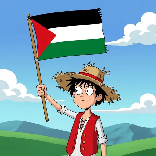 Cartoon Character with Black Unkempt Hair and Flag