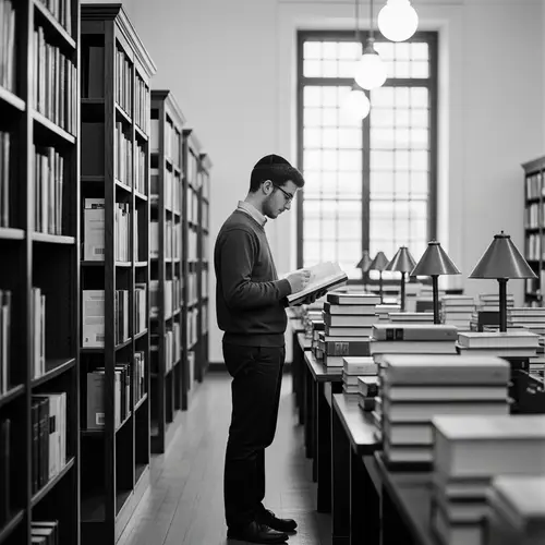 Young Jewish Man Studying in Library - Captured in Black and White