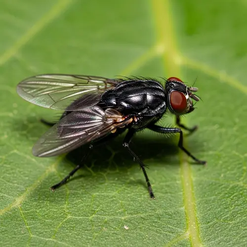 Black Housefly on Green Leaf - Nature Close-up Photo