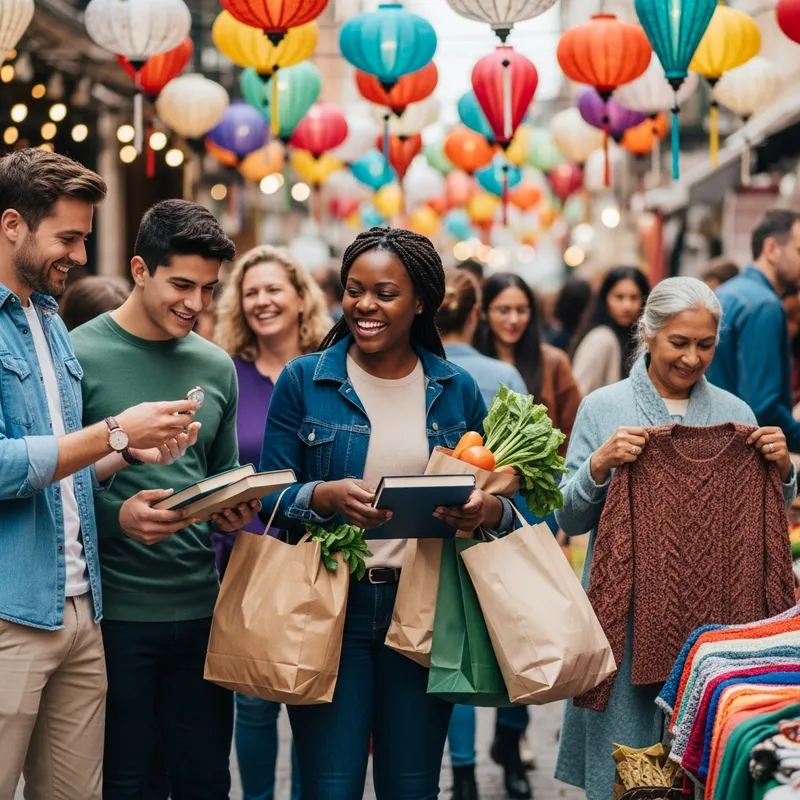 Happy People Shopping at Bustling Market