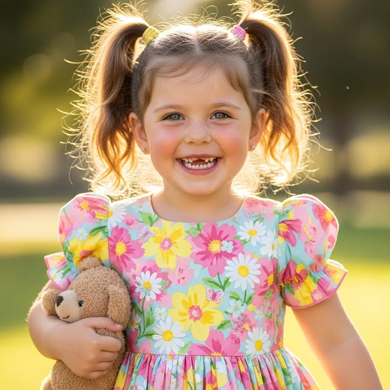 Adorable Little Girl with Ponytails in Cute Dress