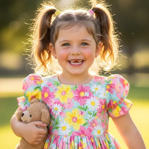 Cheerful Caucasian Little Girl in Beautiful Dress