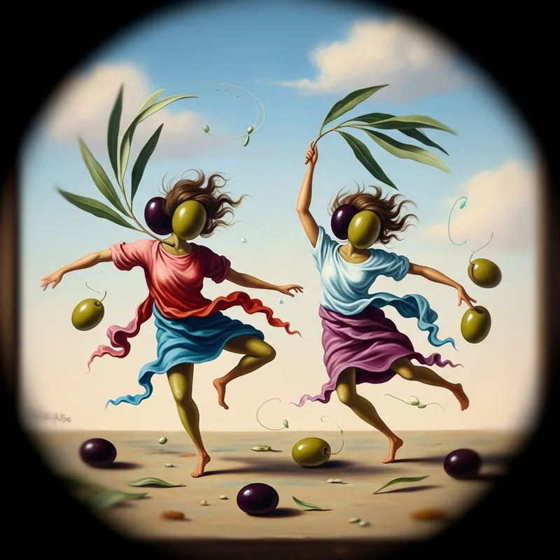 Enchanting Dancing Olives: Whimsical Surrealist Artwork