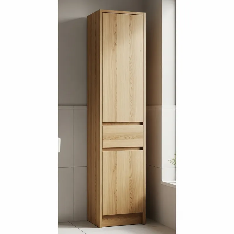 Tall Oak Columnar Cupboard - Bathroom Nook Storage Solution