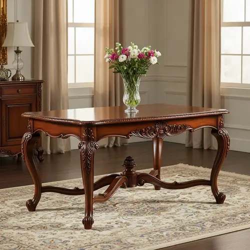 Masterfully Crafted Polished Hardwood Table with Ornate Carvings