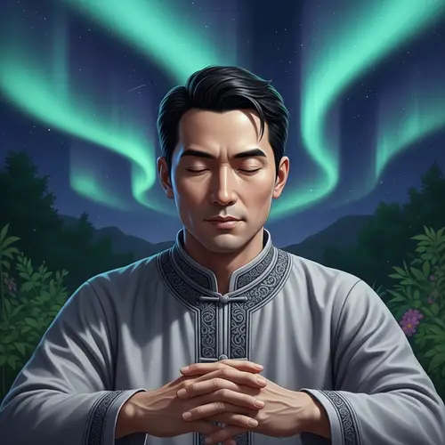 Asian Male Portrait in Serene Setting with Auroras | Classic Literature Scene
