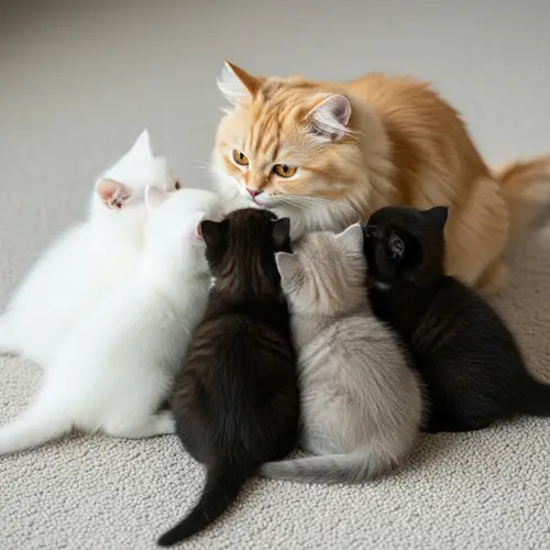 British Long Hair Kittens Enjoying Nourishment from Their Mother
