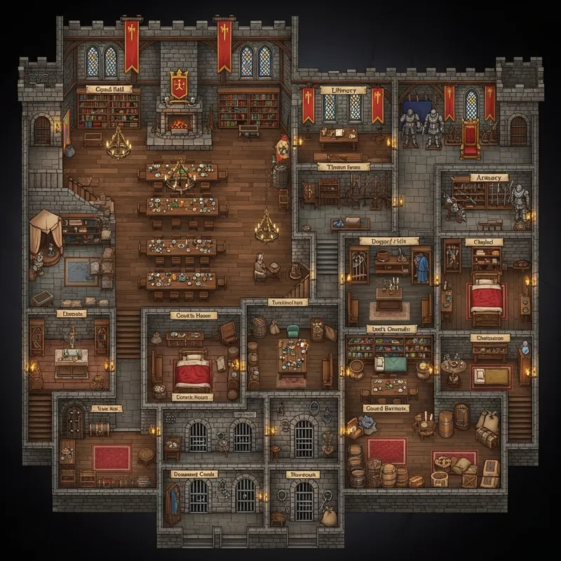 Medieval Castle Interior with 10 Rooms - D&D Map