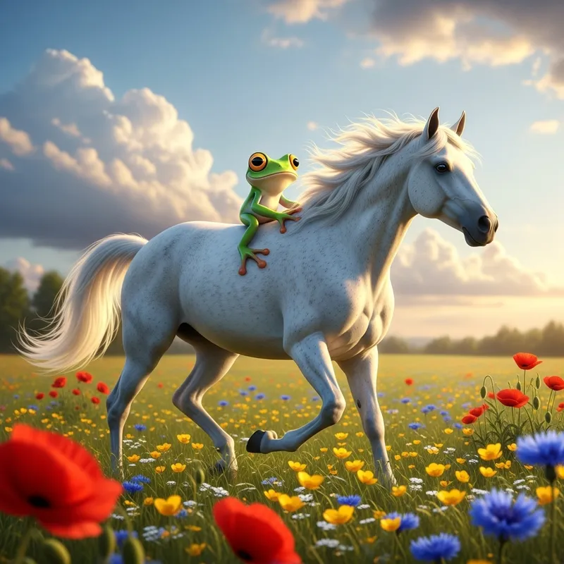Whimsical Frog on Horse Ride - Fantasy Delight Whimsical Frog on Horse Ride - Fantasy Delight
