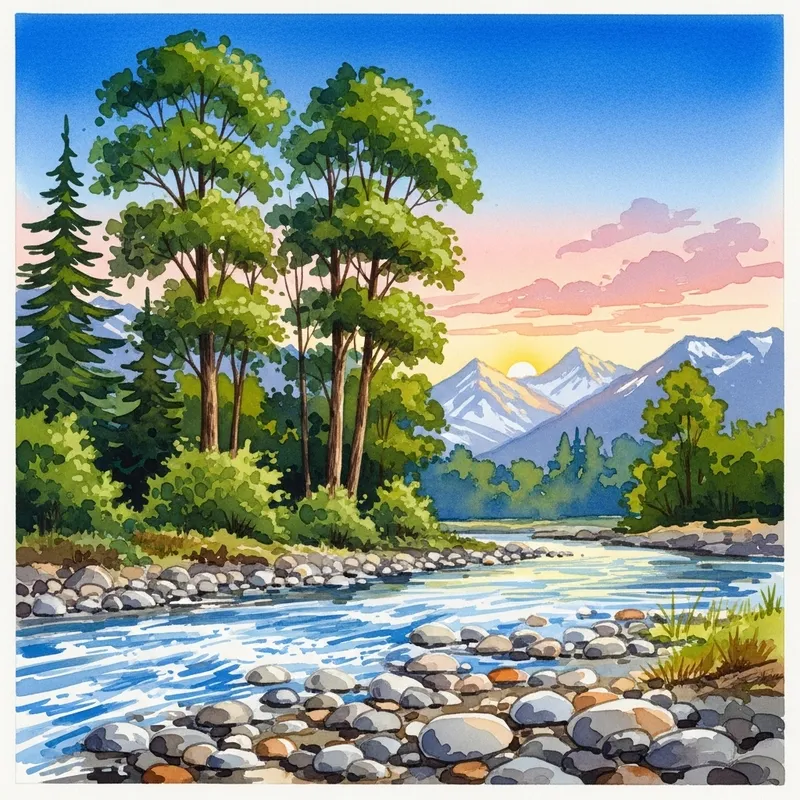 Idyllic Natural Landscape Watercolor Painting | Nature Scene