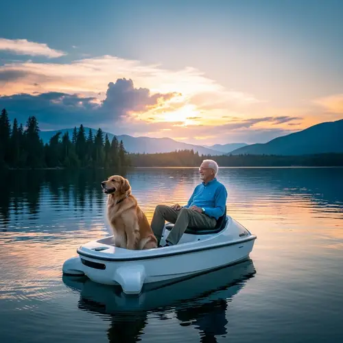 Elderly Man Boating with Golden Retriever at Sunset on Lake