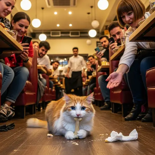 Playful Cat with Beautiful Eyes Nibbling on Bone in Busy Restaurant