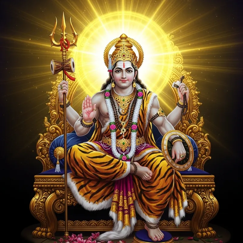 Majestic Lord Shiva on Golden Throne with Trident & Tiger Skin