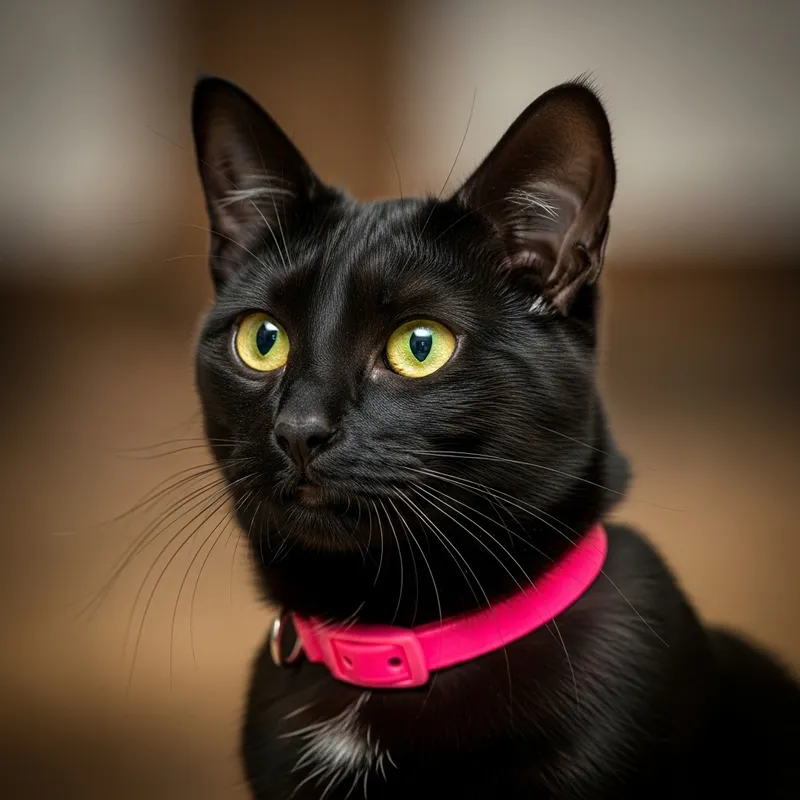 Sleek Black Cat with Yellow Eyes and Neon Pink Collar