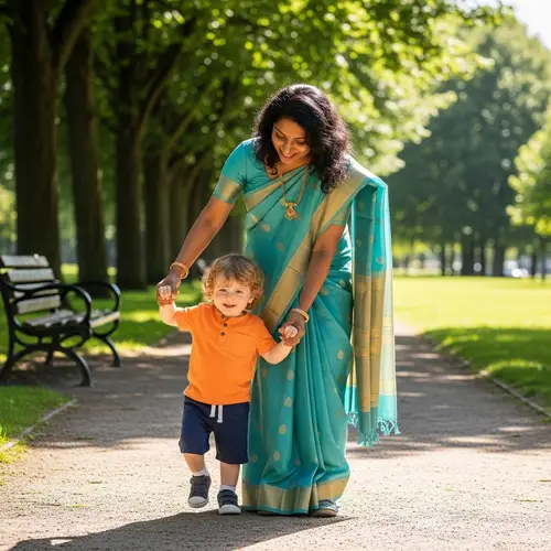 Joyful Outdoor Scene: South Asian Woman Teaching Caucasian Boy to Walk