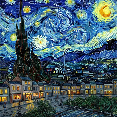 Majestic Night Sky Over Cozy Town | Abstract Art