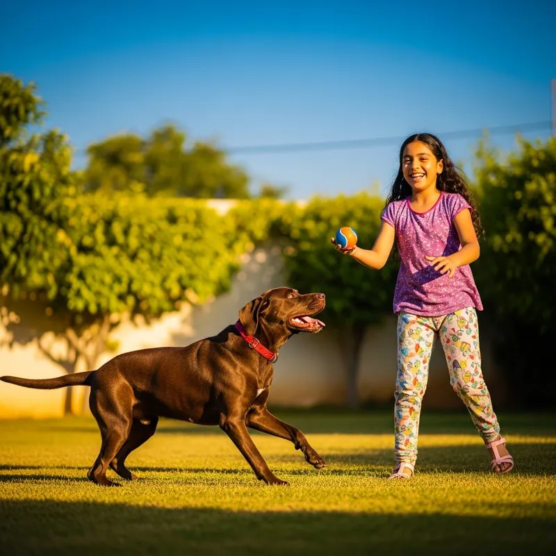 Girl Playing with Dog in Sunlit Garden Girl Playing with Dog in Sunlit Garden