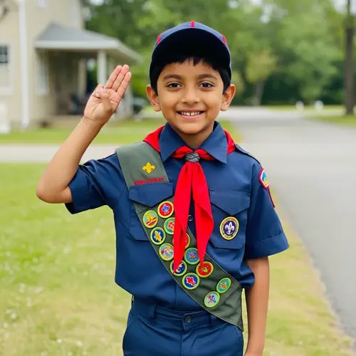 South Asian Boy Cub Scout Uniform with Beaming Smile