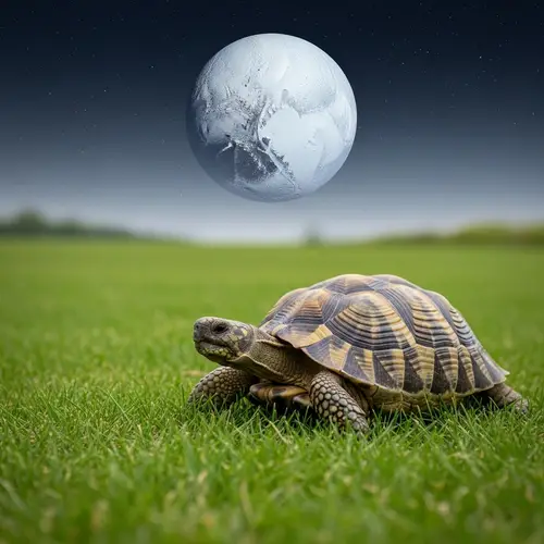 Majestic Turtle Crossing Grass Field with Pluto in Background