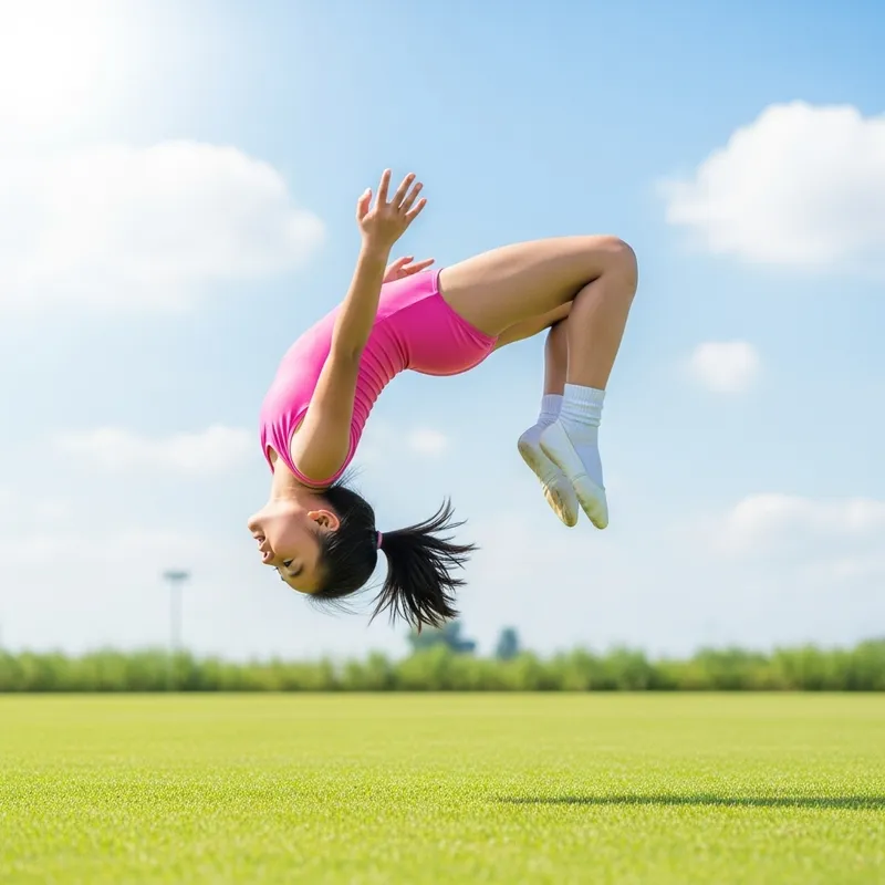 Young Asian Girl Mastering Gymnastics Backflip on Grassy Field