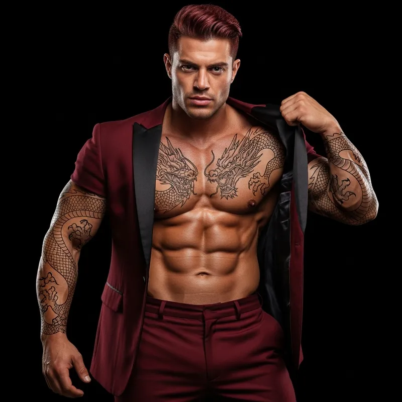 Strong Hispanic Man with Dragon Tattoo, Red Hair in Maroon Tuxedo