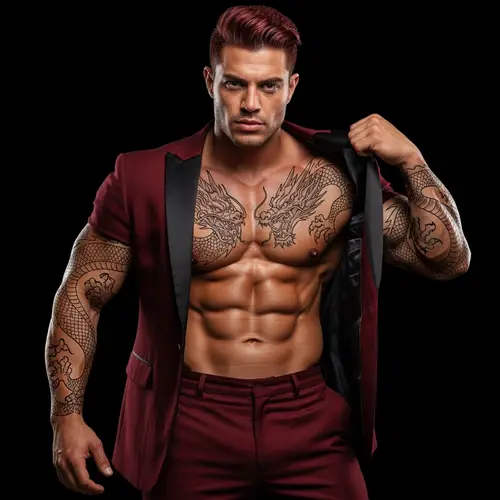Powerful Hispanic Man with Dragon Tattoo in Maroon Tuxedo