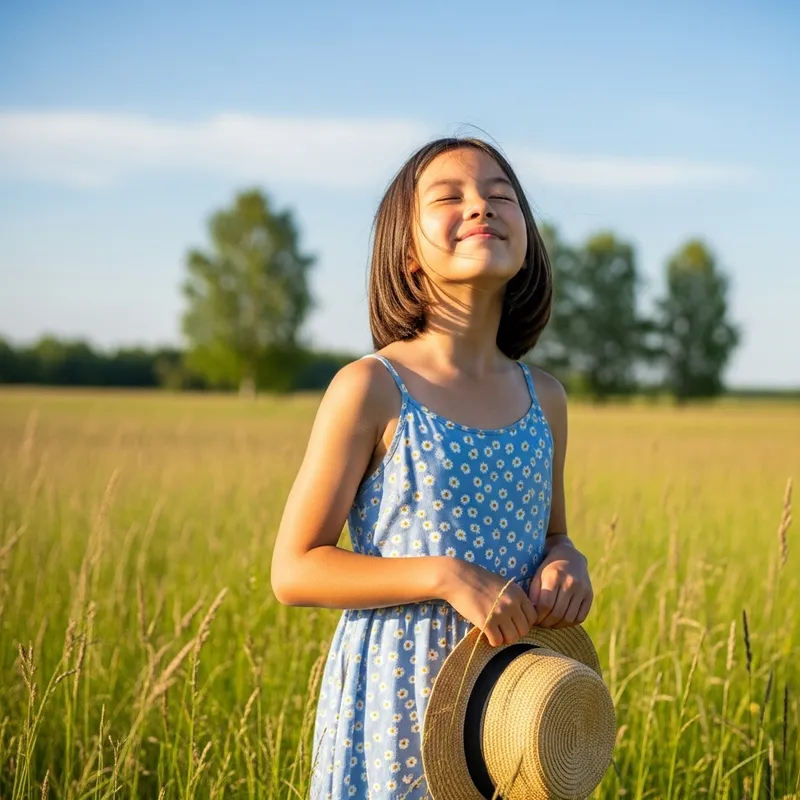 Serene Asian Girl in Sunlit Meadow | Peaceful Nature Scene