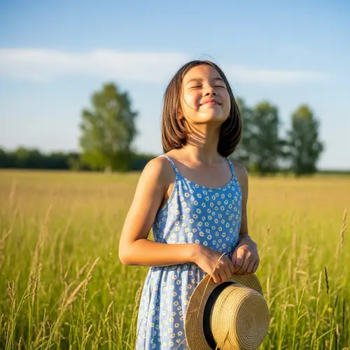 Joyful Asian Girl in Sunlit Meadow | Tranquil Nature Scene