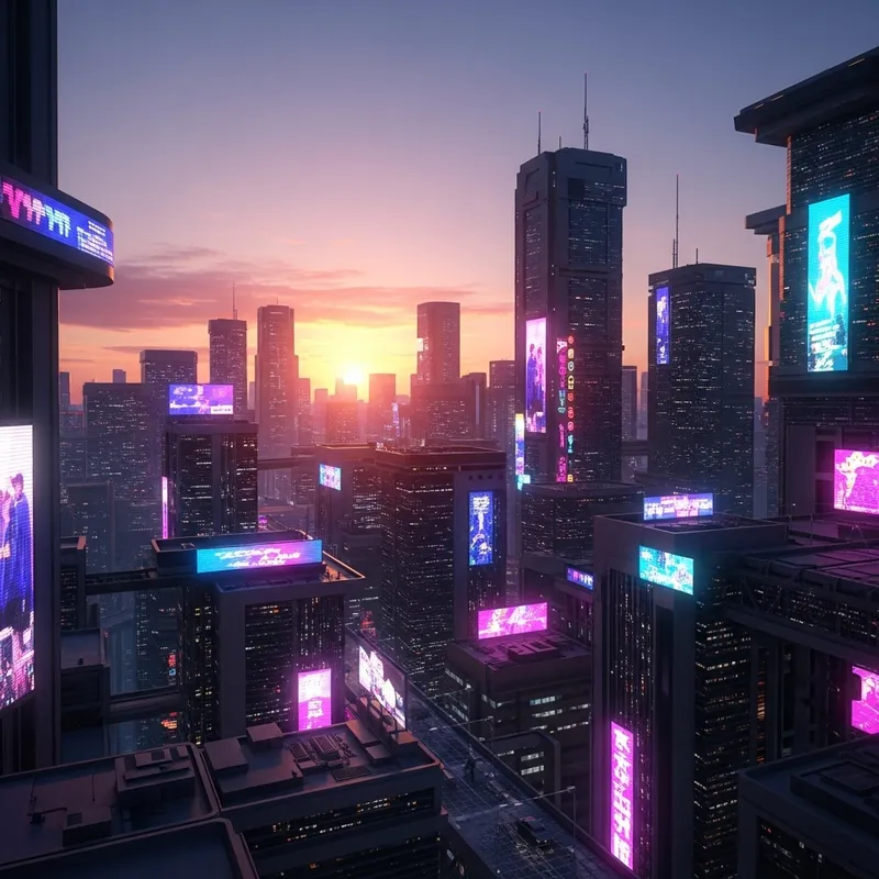 Vibrant Cyberpunk Cityscape at Sunset | Futuristic Neon Lights